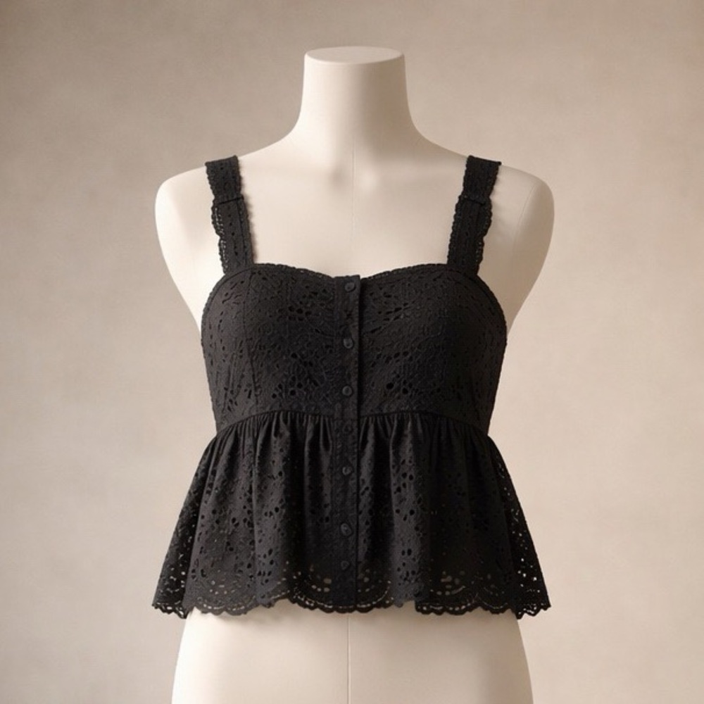 The Kooples Black Eyelet Lace Peplum Tank Top